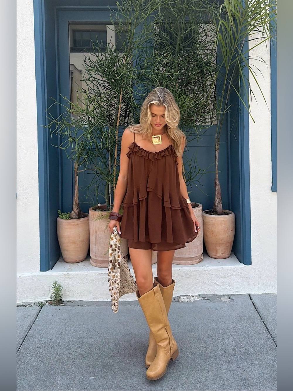 NWT Flirty Tiered Chiffon Romper on Brown Medium (6-8) ✨